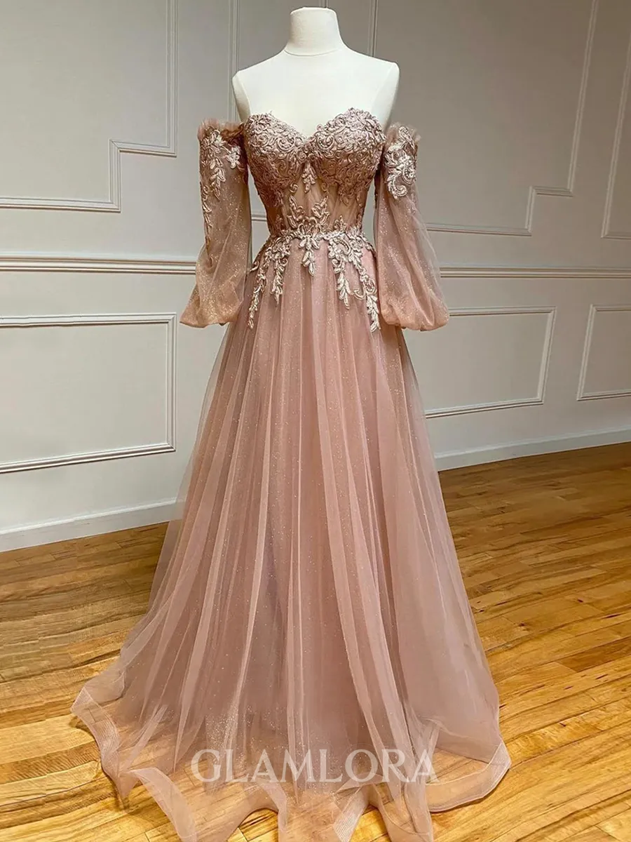 Pretty A-line Sweetheart Long Sleeves Appliques Lace Sweep Train Tulle Corset Prom Dress