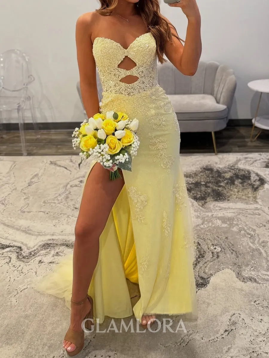 Hot Sheath Sweetheart Appliques Lace Sweep Train Tulle Prom Dress