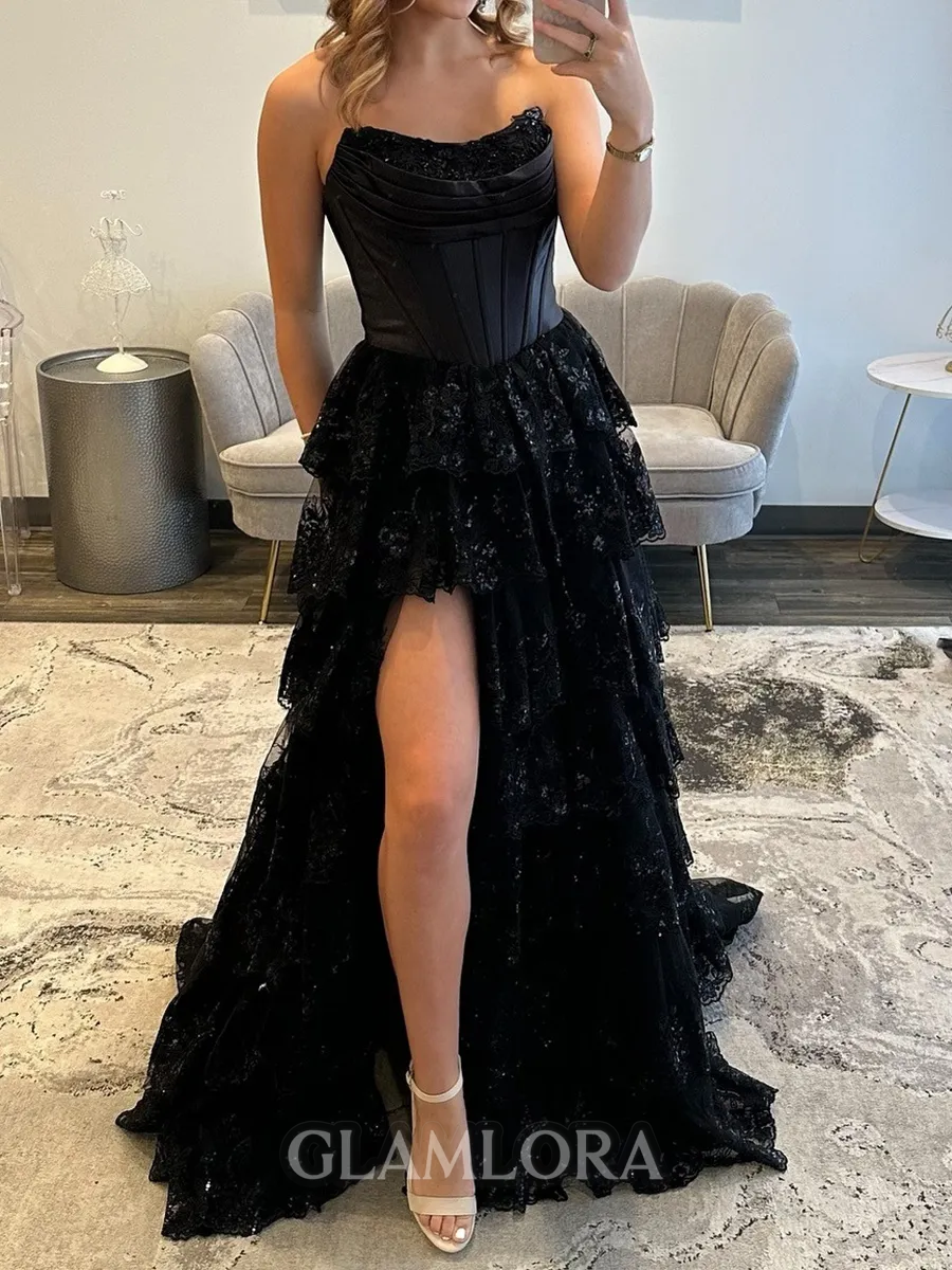 Delicate A-line Sweetheart Cascading Ruffles Sweep Train Tulle Corset Prom Dress