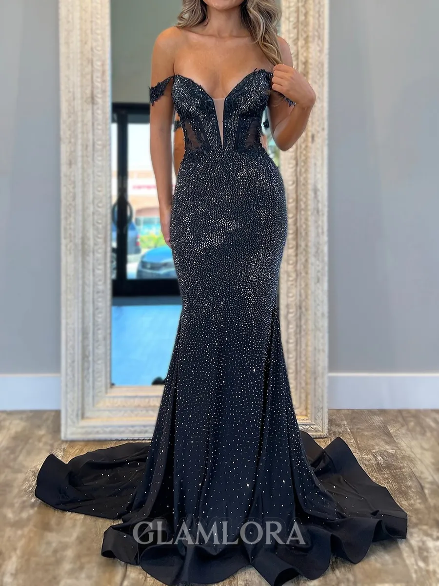 Exquisite Sheath Off-the-Shoulder Sweep Train Silk Like Satin Prom Dress