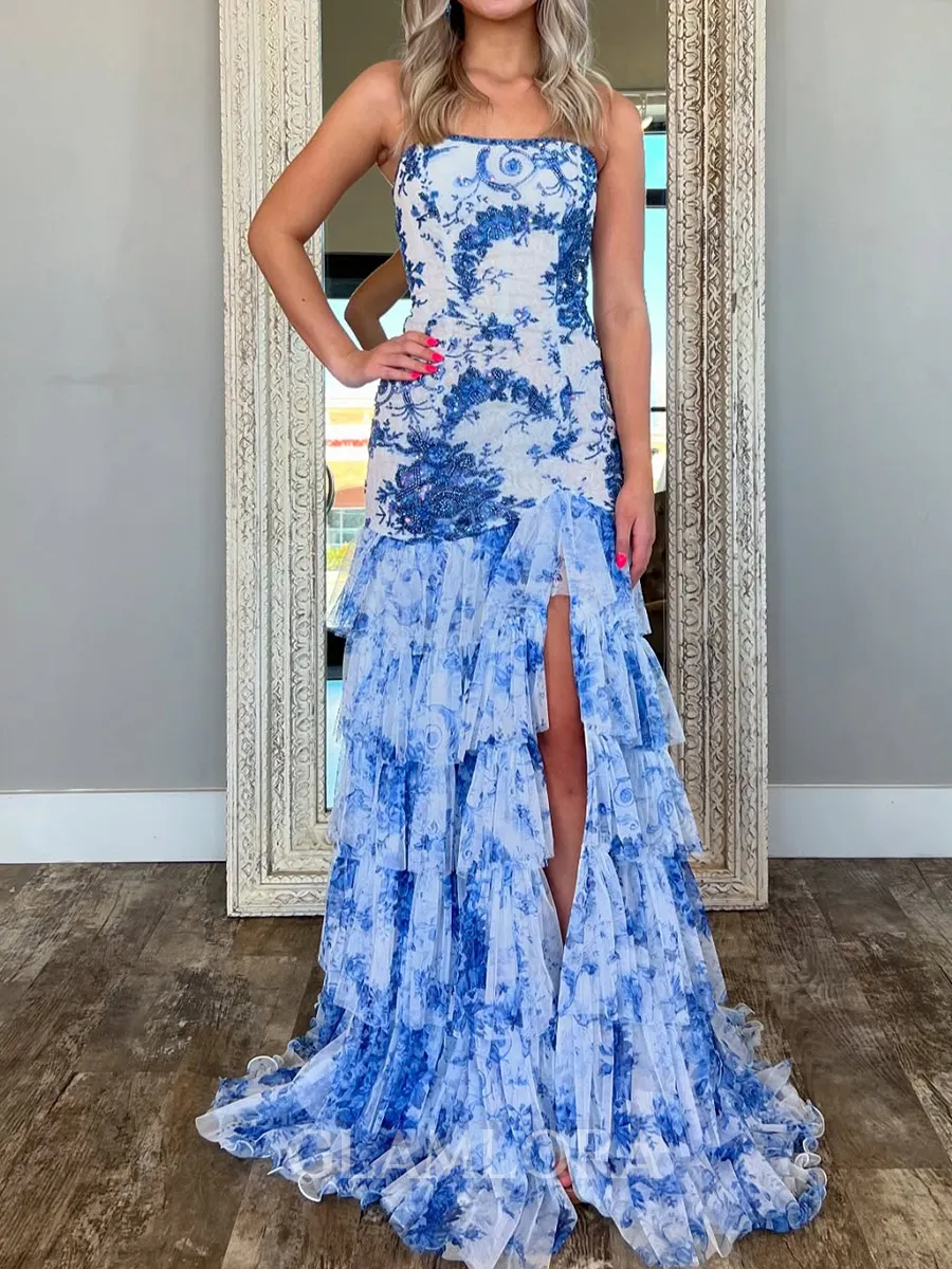 Splendid Sheath Straight Cascading Ruffles Sweep Train Corset Prom Dress