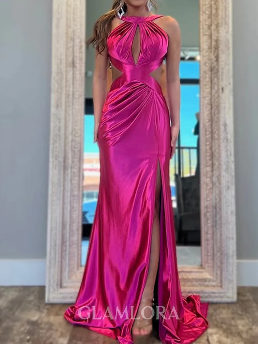 Grand Sheath Halter Pleated Court Train Prom Dress