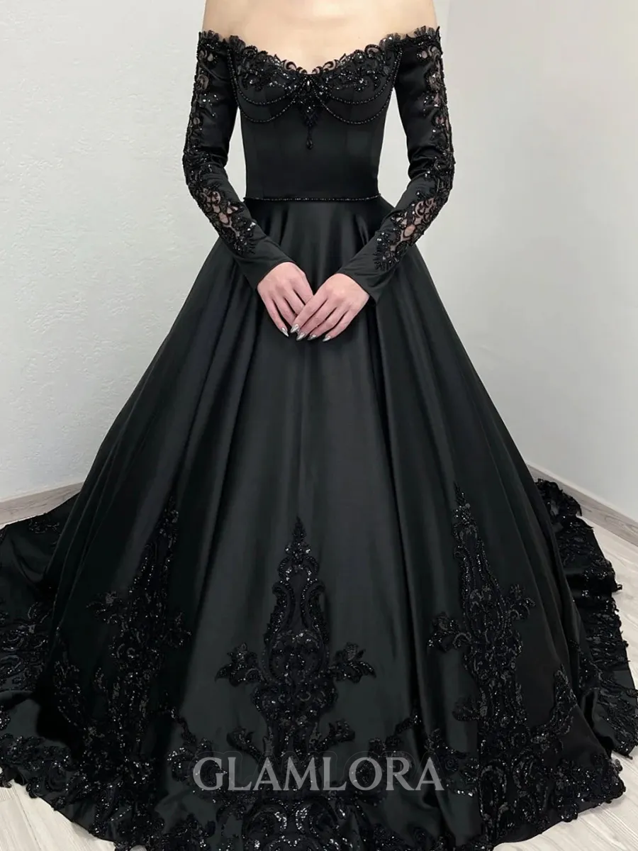Captivating Ball-Gown Off-the-Shoulder Long Sleeves Appliques Lace Court Train Tulle Corset Prom Dress