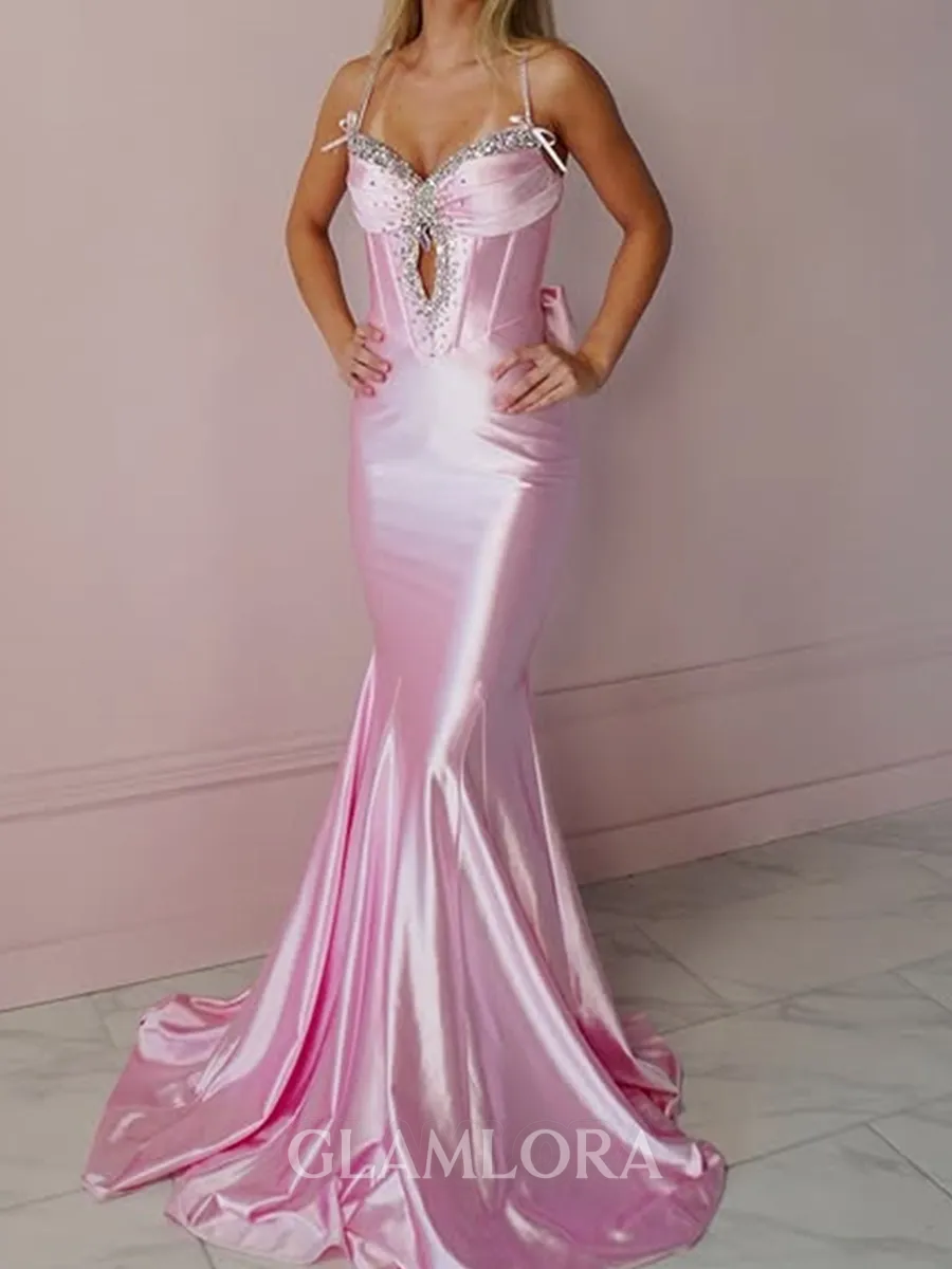 Classy Sheath Spaghetti Straps Beading Court Train Corset Prom Dress