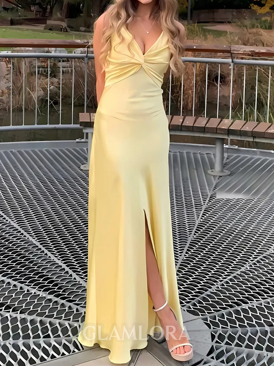 Perfect Sheath V-Neck Pleated Floor-Length Silk Like Satin Prom Dress