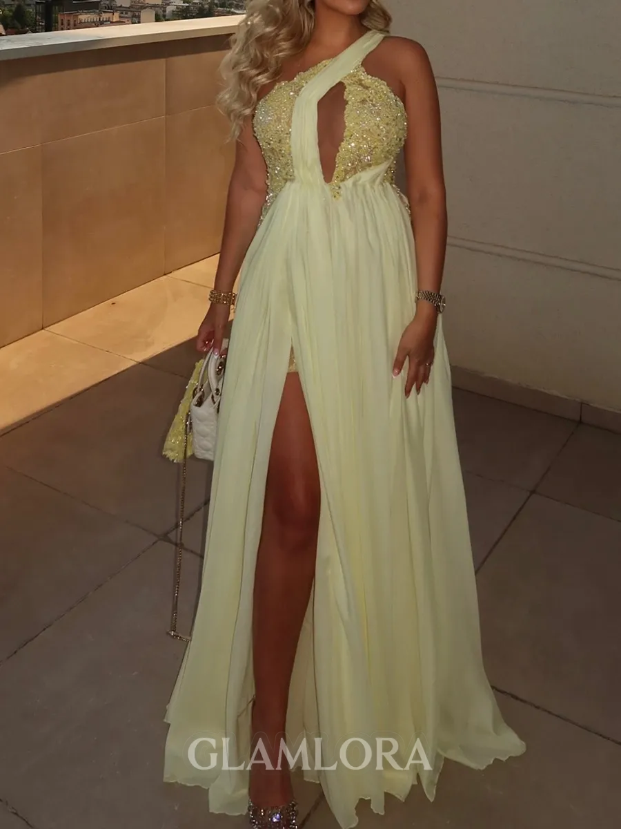 Unique A-line One-Shoulder Appliques Lace Floor-Length Chiffon Prom Dress