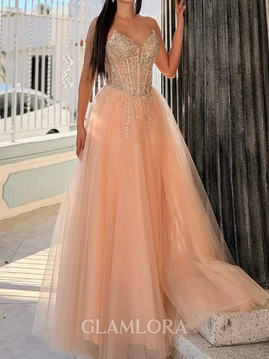 Exquisite A-line Sweetheart Beading Floor-Length Tulle Corset Prom Dress