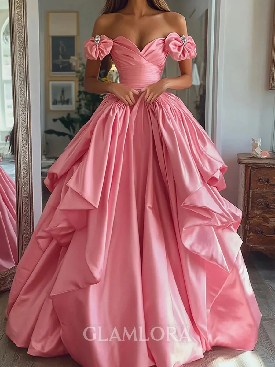 Breathtaking A-line Off-the-Shoulder Ruffles Floor-Length Satin Corset Prom Dress