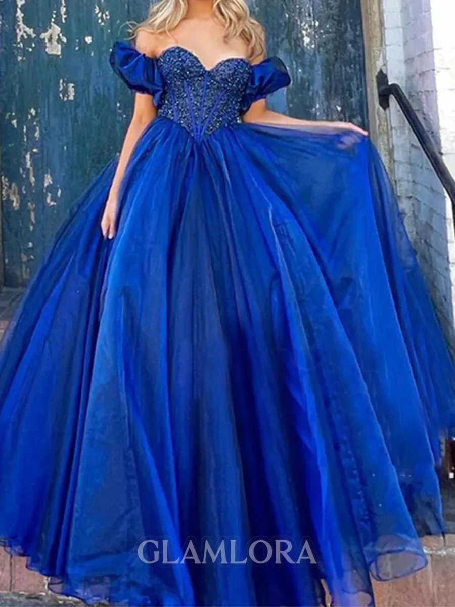 Mesmerizing A-line Off-the-Shoulder Short Sleeves Beading Floor-Length Corset Prom Dress