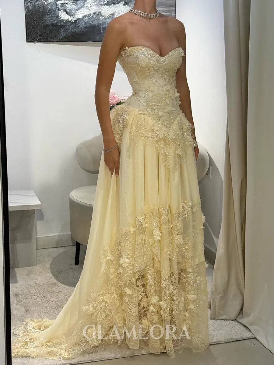 Aristocratic A-line Sweetheart Appliques Lace Sweep Train Chiffon Corset Prom Dress