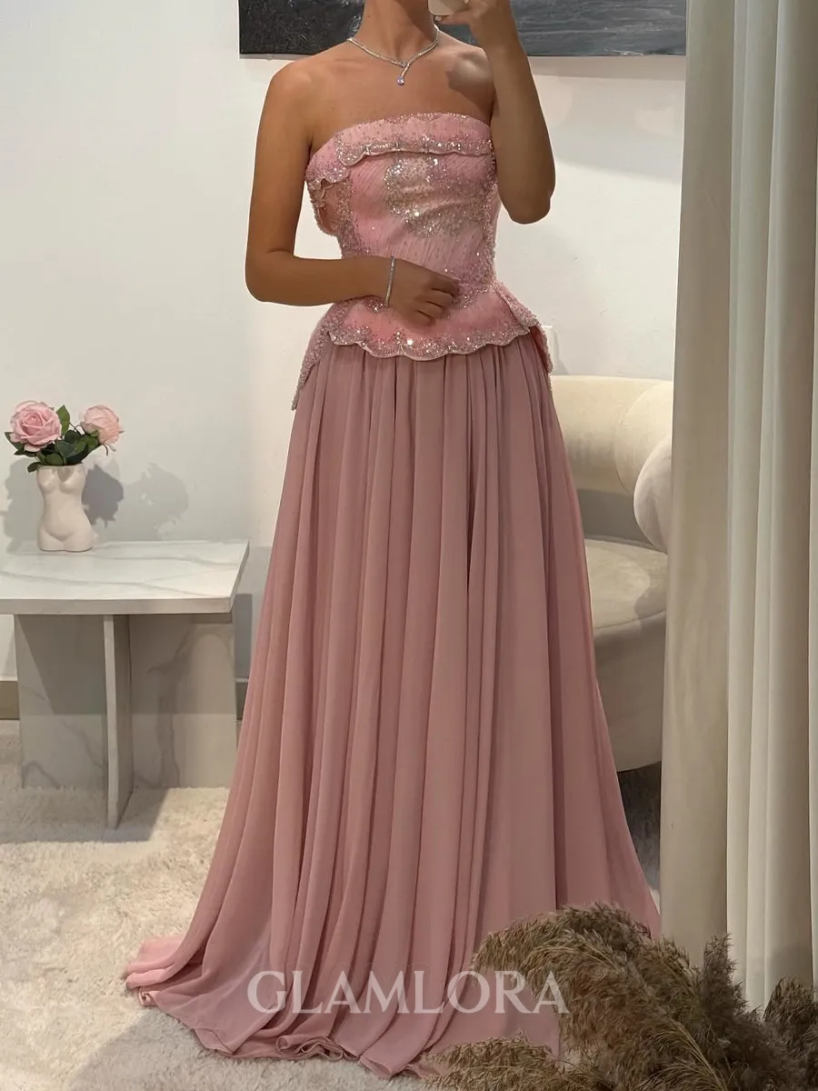 Splendiferous A-line Straight Sequin Floor-Length Chiffon Prom Dress