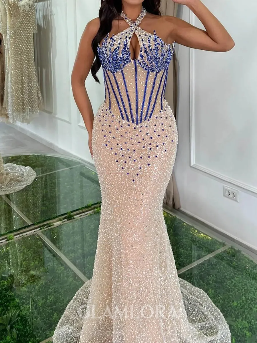 Stunning Sheath Halter Beading Sweep Train Corset Prom Dress