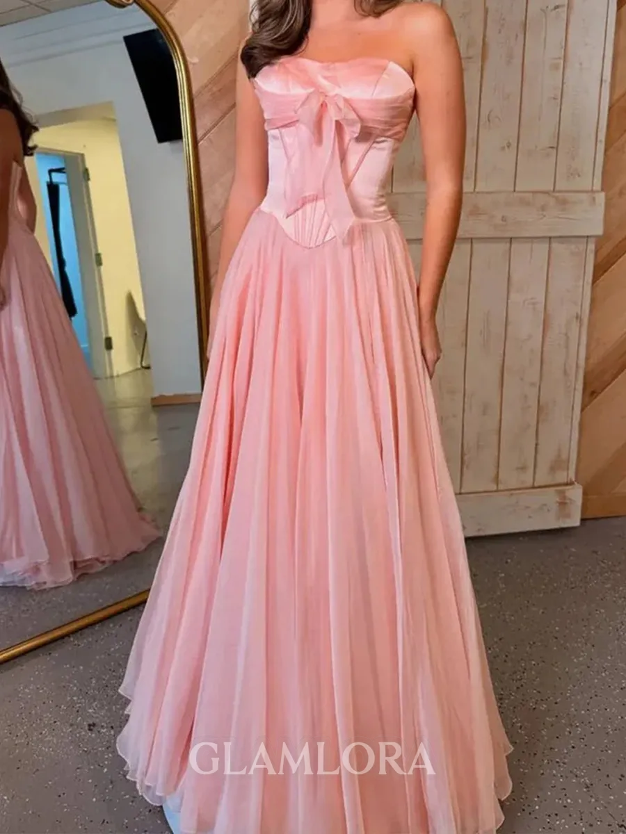 Hot A-line Straight Ruffles Sweep Train Chiffon Corset Prom Dress