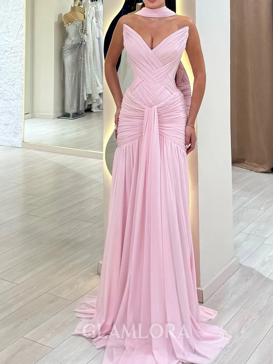 Grand Sheath V-Neck Ruffles Sweep Train 30D Chiffon Corset Prom Dress