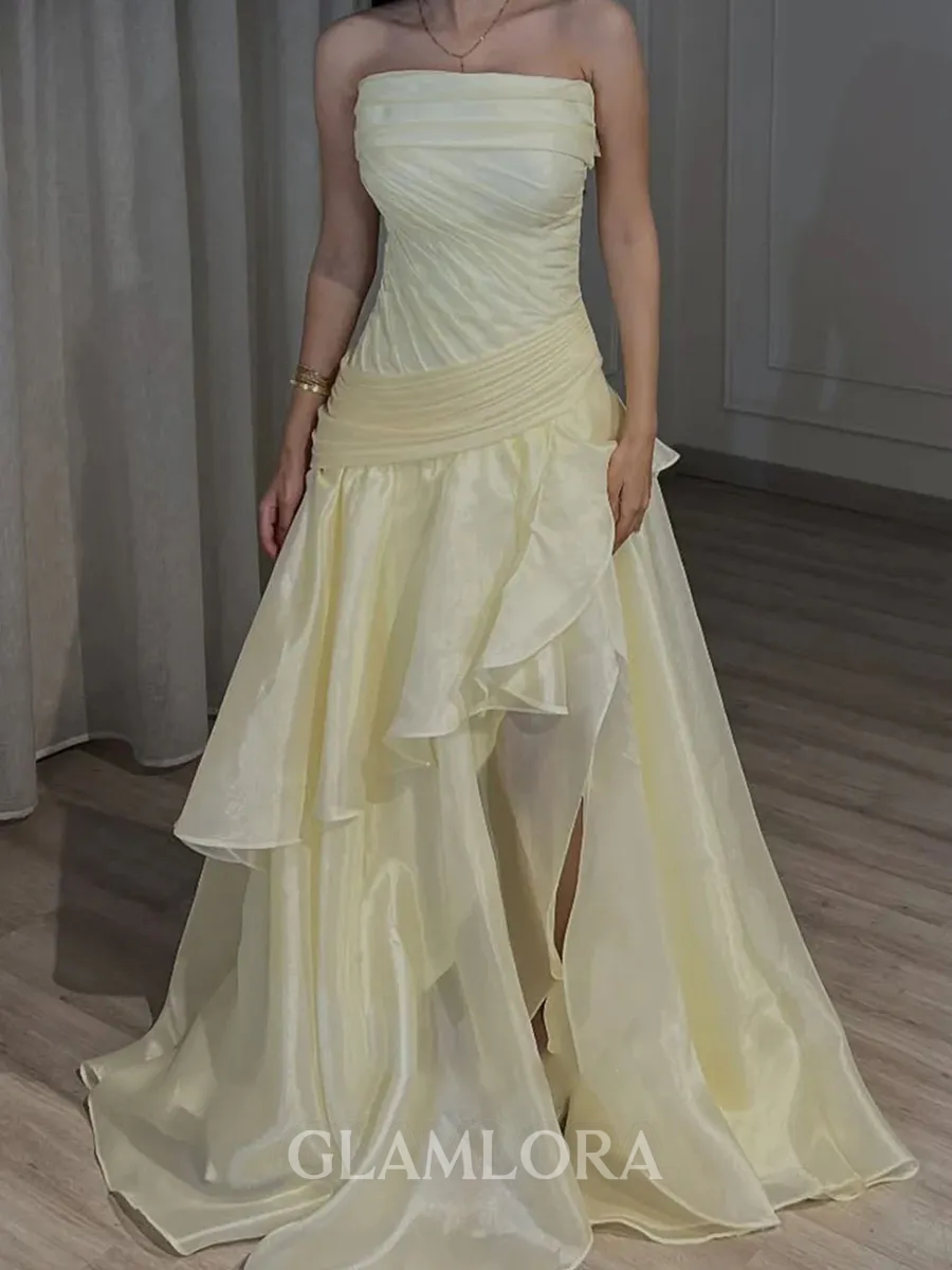 Breathtaking A-line Straight Pleated Sweep Train Organza Corset Prom Dress