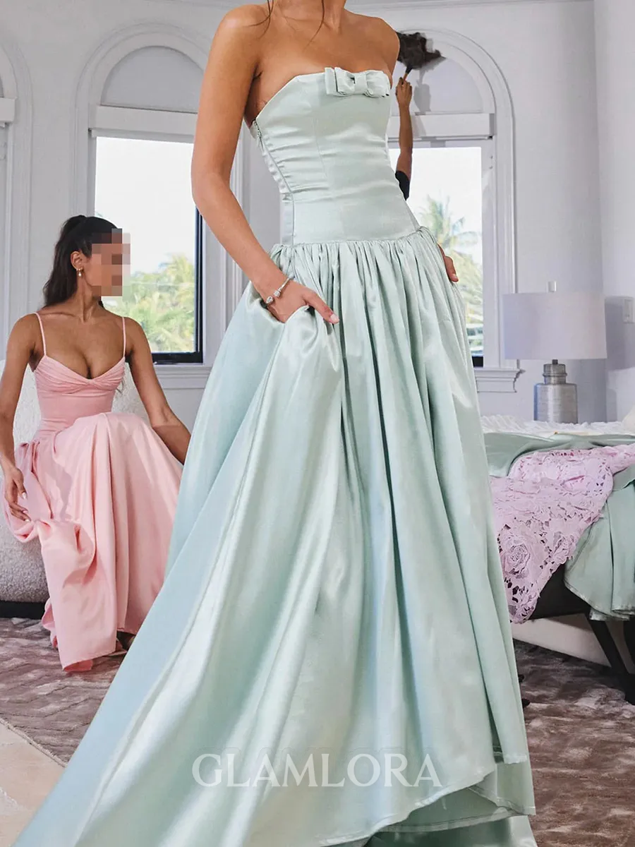 Gorgeous A-line Straight Ruffles Sweep Train Satin Corset Prom Dress