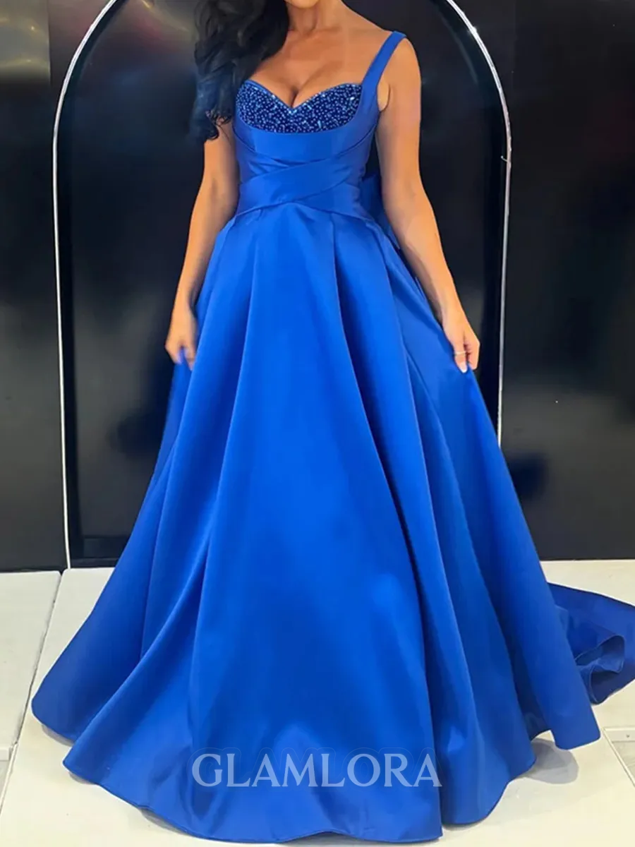 Luxurious A-line Sweetheart Bow Sweep Train Satin Corset Prom Dress