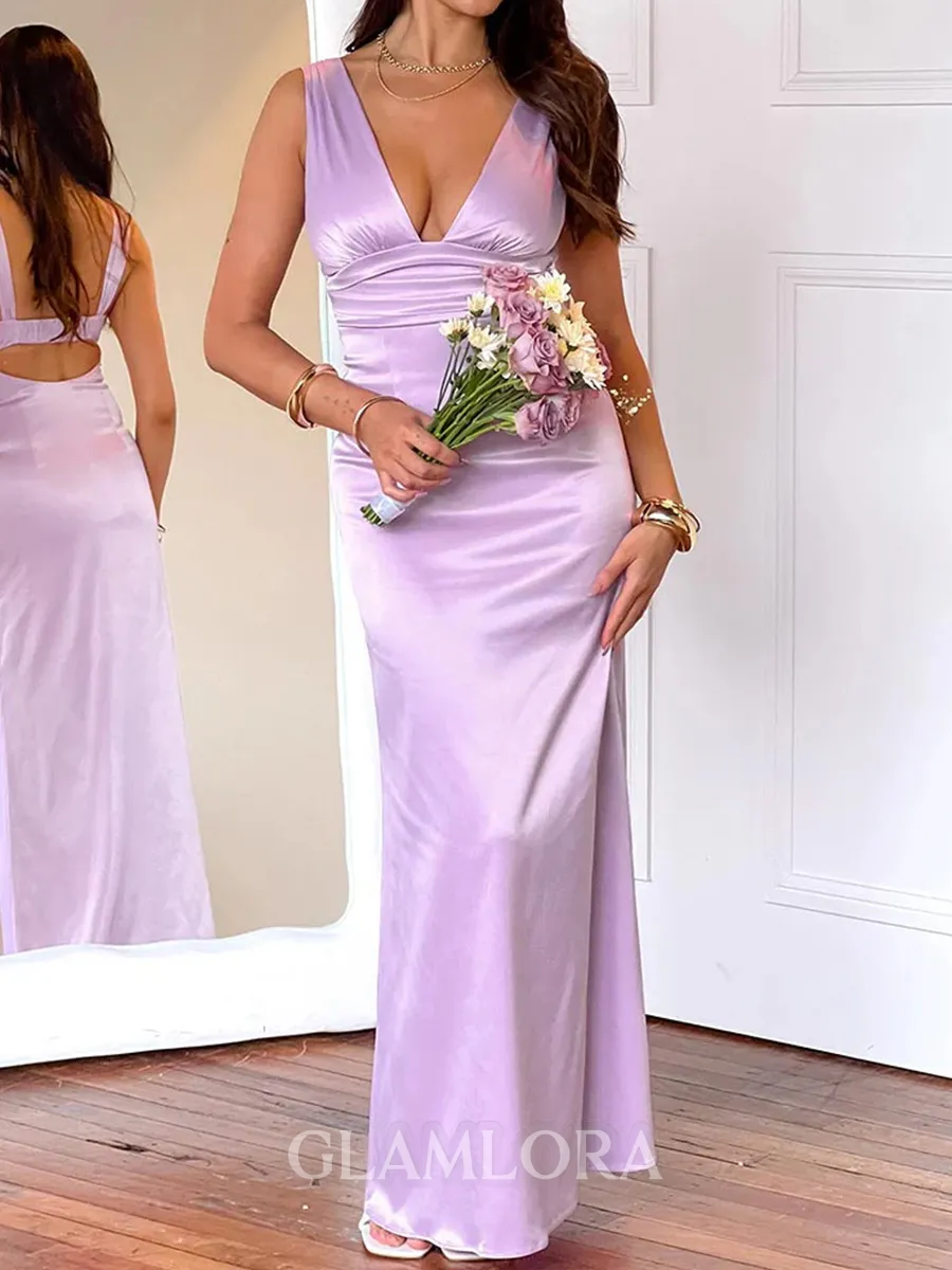 Captivating Sheath V-Neck Pleated Floor-Length Silk like Satin Corset Prom Dress