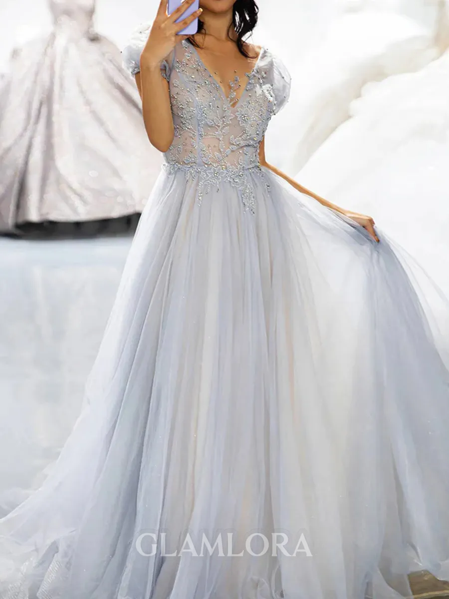 Magnificent A-line Illusion Appliques Lace Court Train Tulle Prom Dress