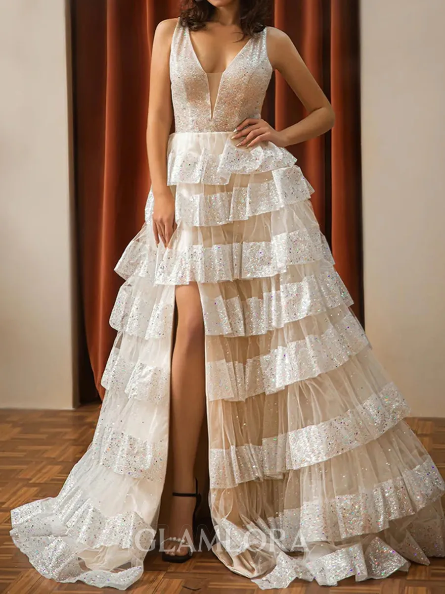 Extravagant A-line V-Neck Cascading Ruffles Sweep Train Tulle Prom Dress