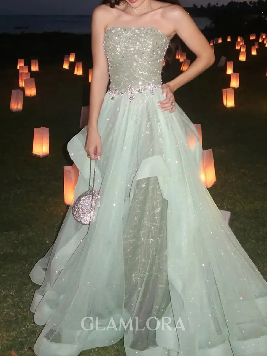 Glamorous A-line Straight Cascading Ruffles Floor-Length Tulle Prom Dress