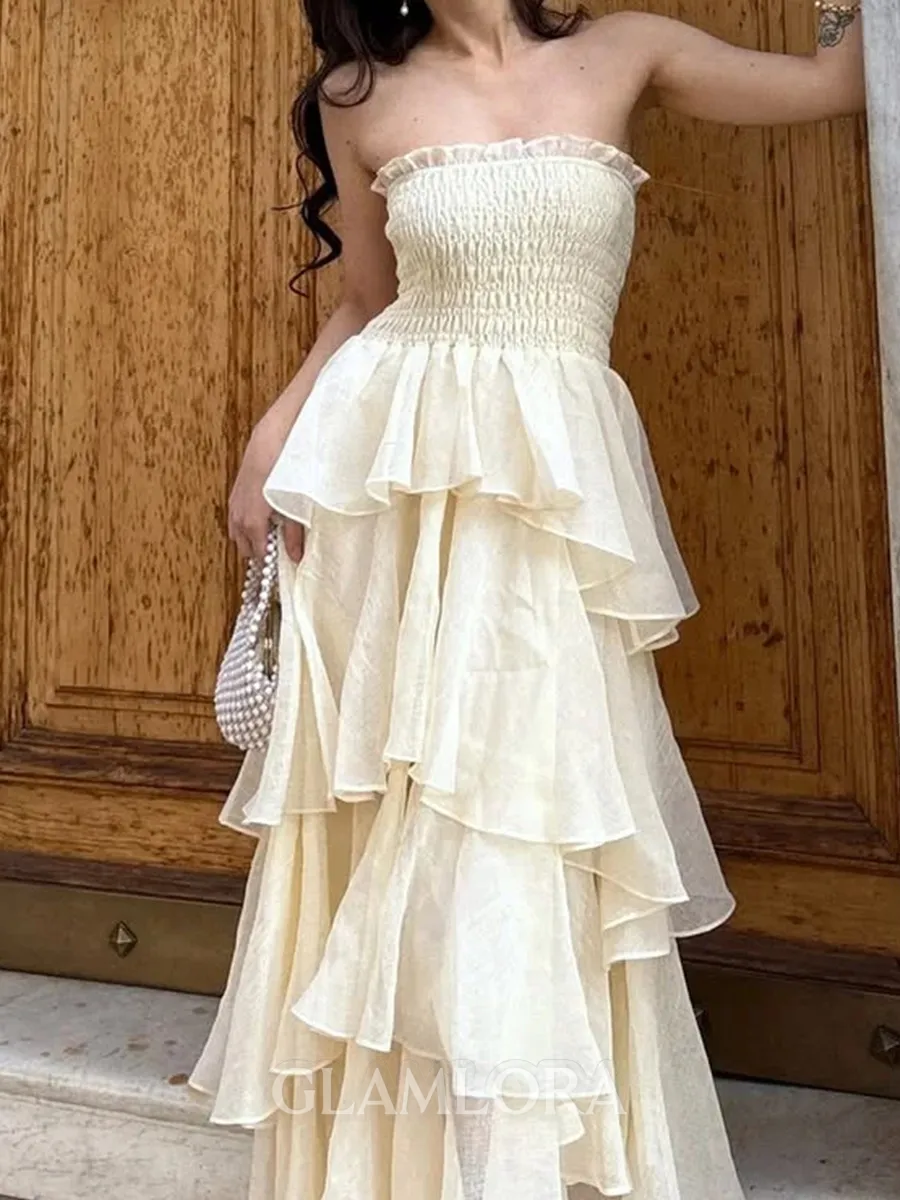 Hermosos A-line Straight Cascading Ruffles Sweep Train Prom Dress