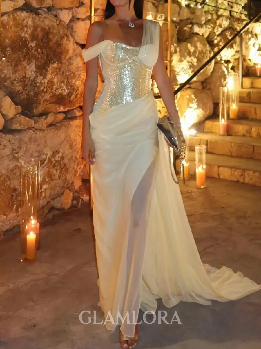 Trendy Sheath One-Shoulder Pleated Court Train 30D Chiffon Corset Prom Dress