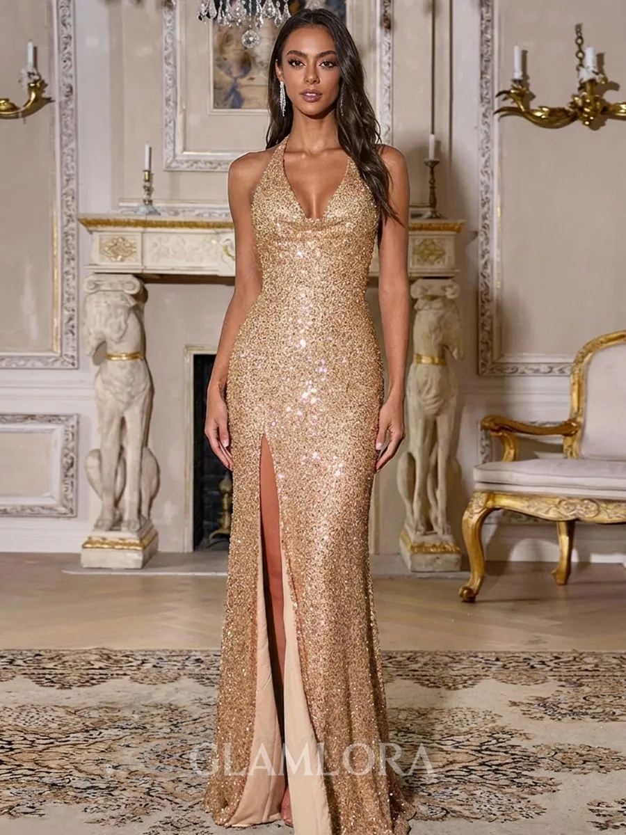 Exquisite Sheath Halter Sequin Floor-Length Sequins Prom Dress