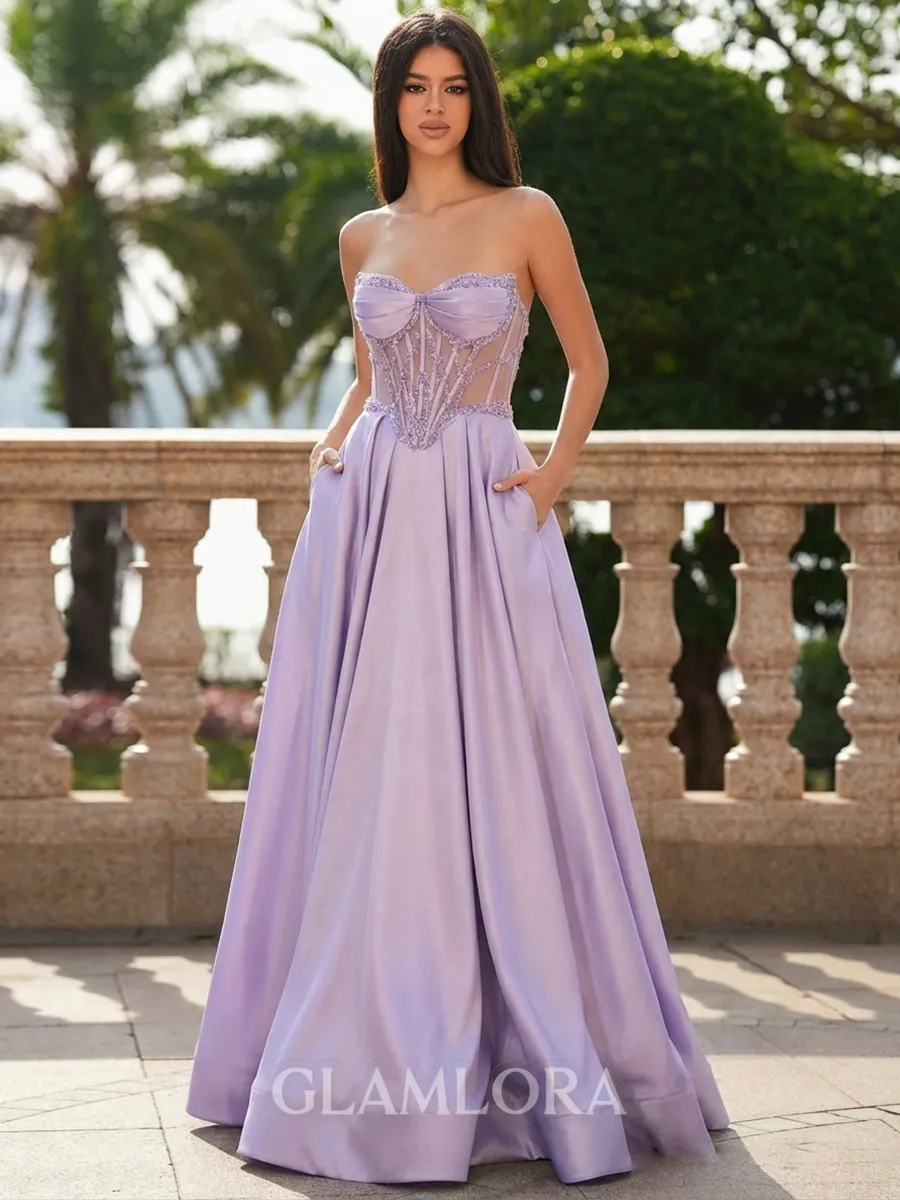 Breathtaking A-line Sweetheart Ruffles Sweep Train Satin Corset Prom Dress