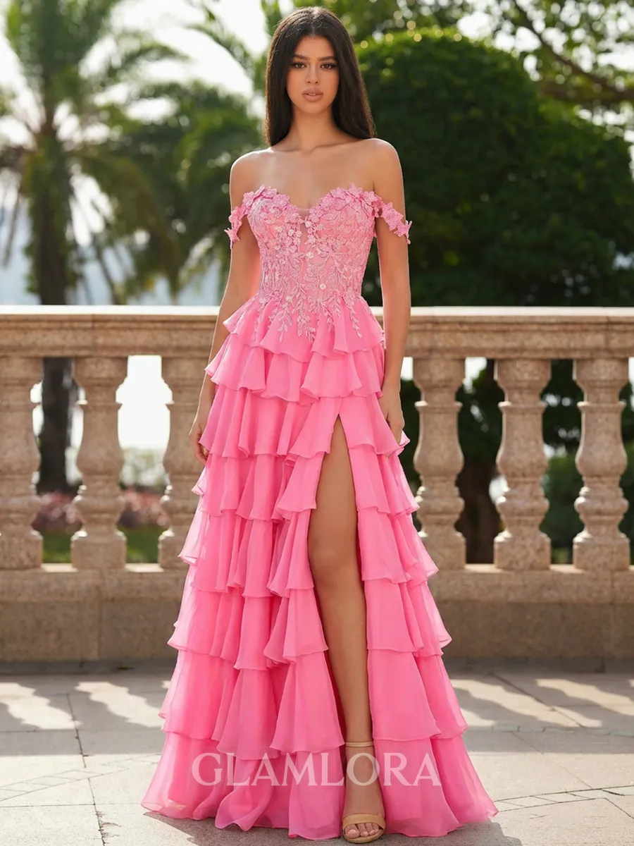Gorgeous A-line Off-the-Shoulder Cascading Ruffles Sweep Train Chiffon Corset Prom Dress