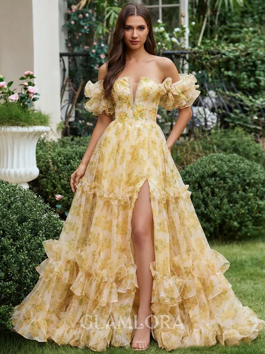 Luxurious A-line Off-the-Shoulder Cascading Ruffles Floor-Length Corset Prom Dress