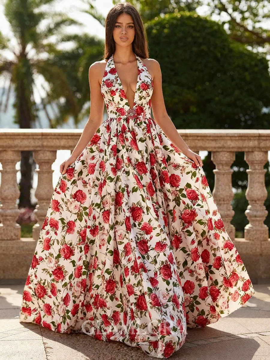 Captivating A-line Halter Ruffles Floor-Length Corset Prom Dress