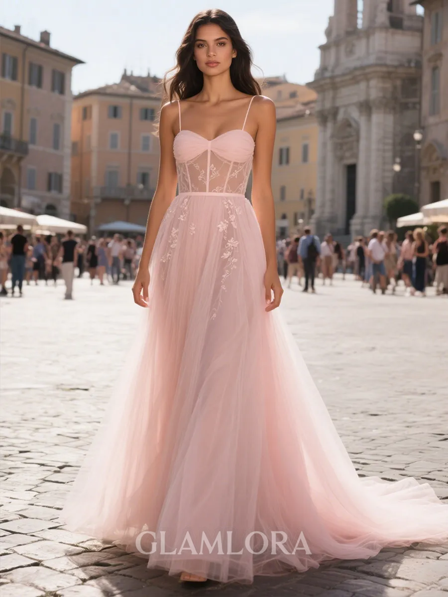 Magnificent A-line Spaghetti Straps Ruffles Court Train Tulle Corset Prom Dress