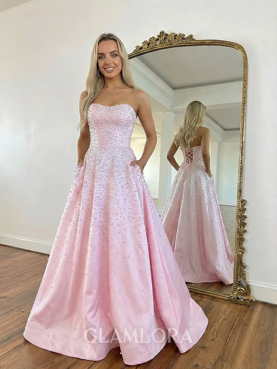 Chic A-line Straight Beading Floor-Length Satin Corset Prom Dress