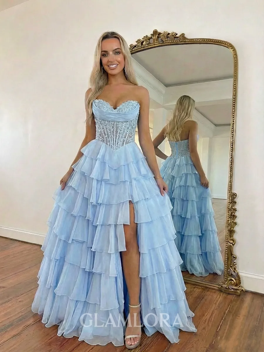 Fashion A-line Sweetheart Cascading Ruffles Sweep Train Chiffon Corset Prom Dress