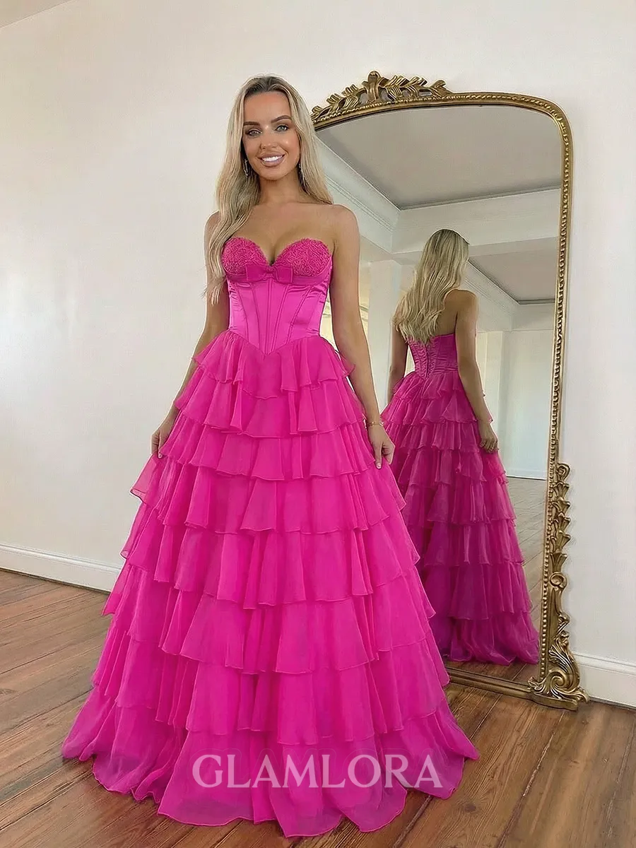 Glam A-line Sweetheart Cascading Ruffles Sweep Train Chiffon Corset Prom Dress