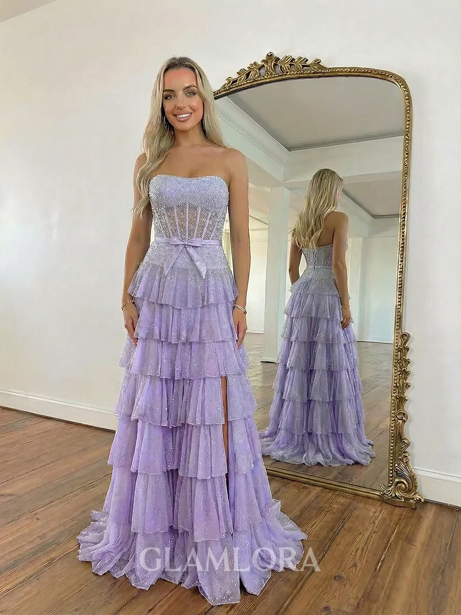 Charming A-line Straight Cascading Ruffles Sweep Train Chiffon Corset Prom Dress