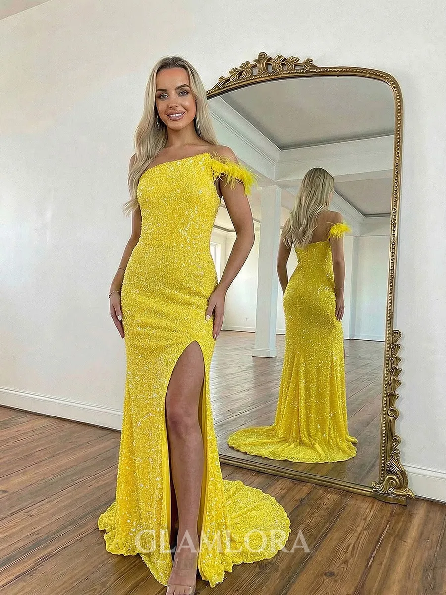 Show-stopping Sheath One-Shoulder Court Train Velvet Sequins Prom Dress