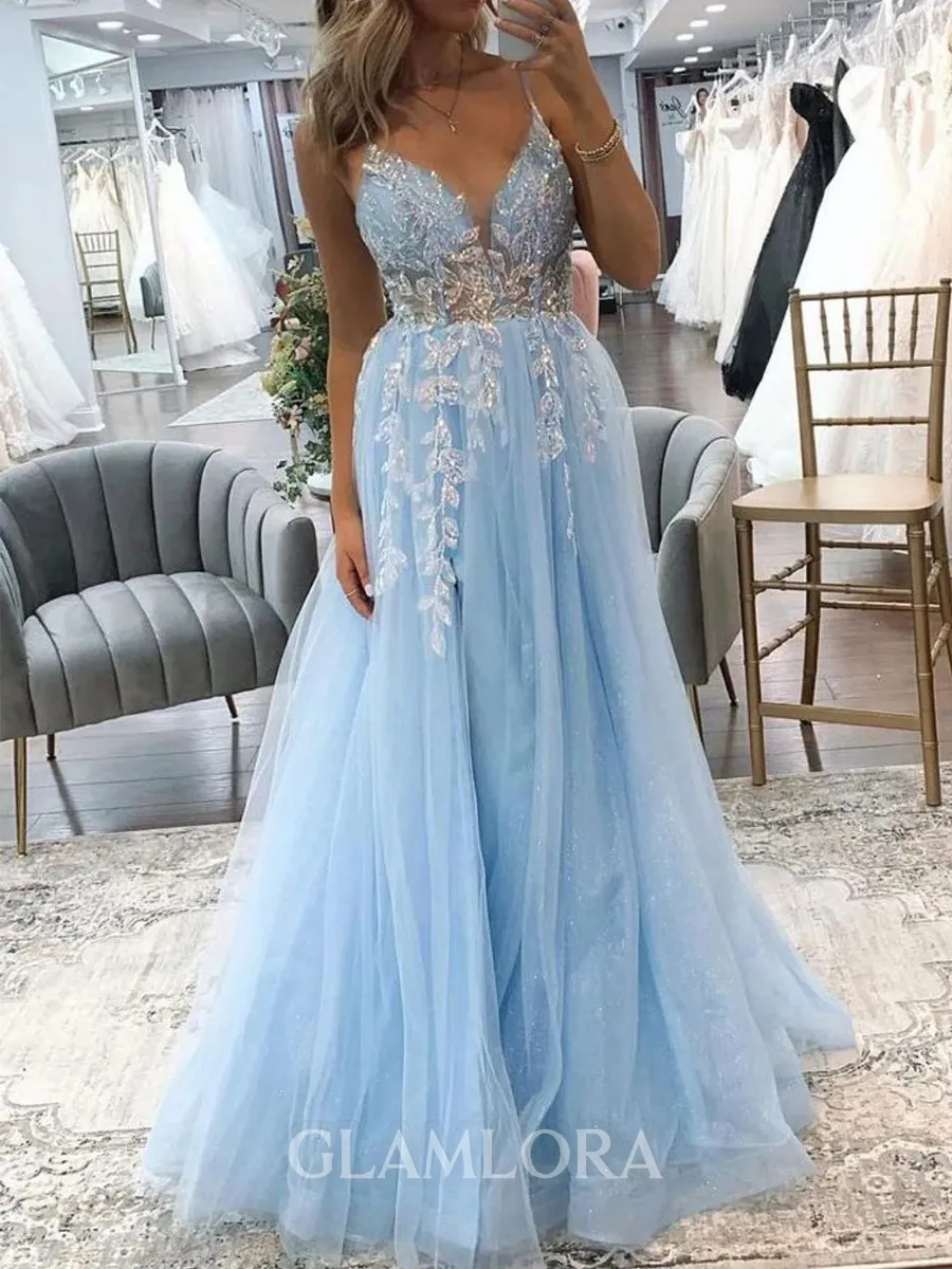 Perfect A-line Spaghetti Straps Appliques Lace Floor-Length Tulle Prom Dress