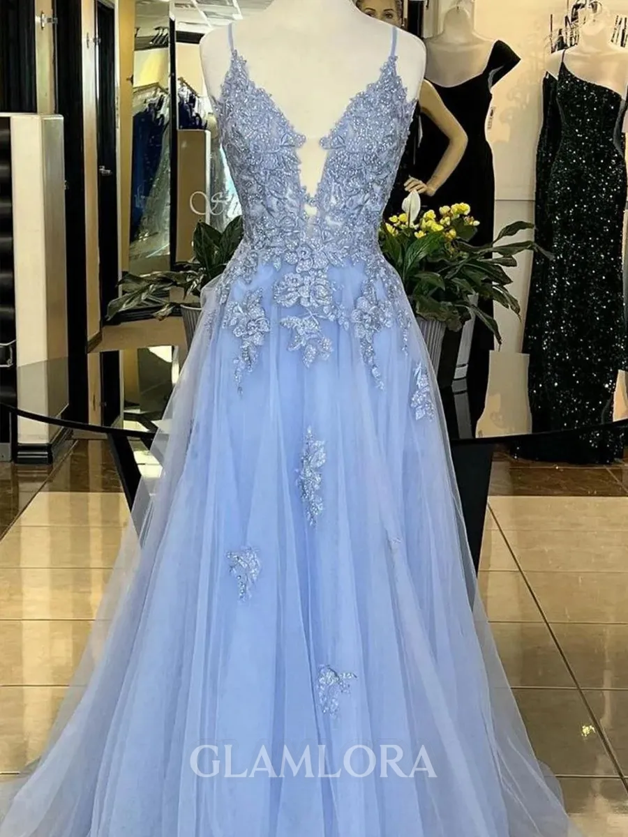 Glam A-line Spaghetti Straps Appliques Lace Sweep Train Tulle Prom Dress