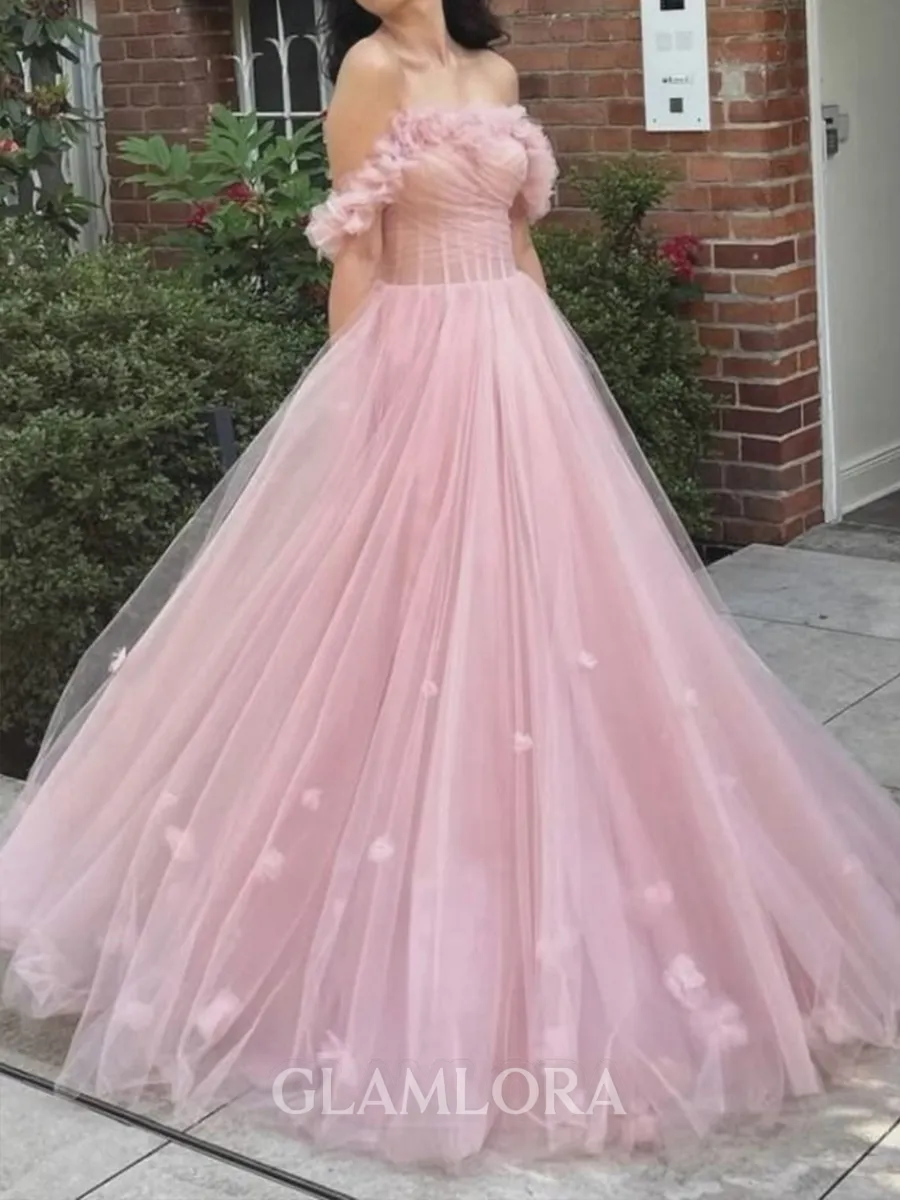 Grand A-line Off-the-Shoulder Flower Floor-Length Tulle Corset Prom Dress