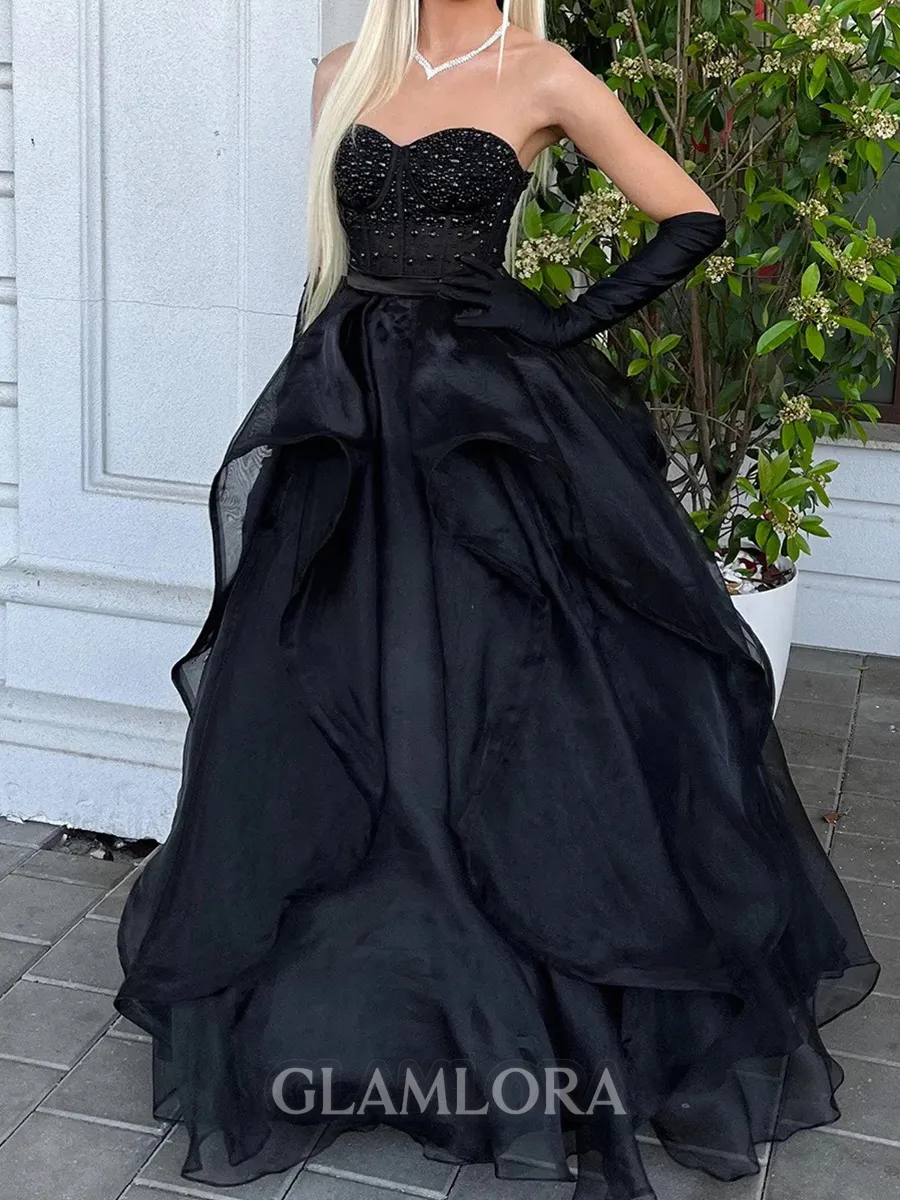 Extravagant A-line Sweetheart Ruffles Sweep Train Organza Corset Prom Dress