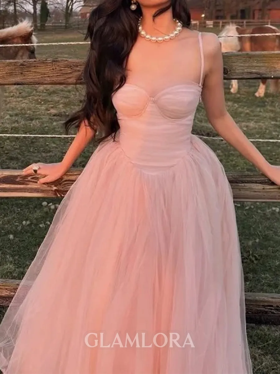 Hermosos A-line Spaghetti Straps Floor-Length Tulle Prom Dress