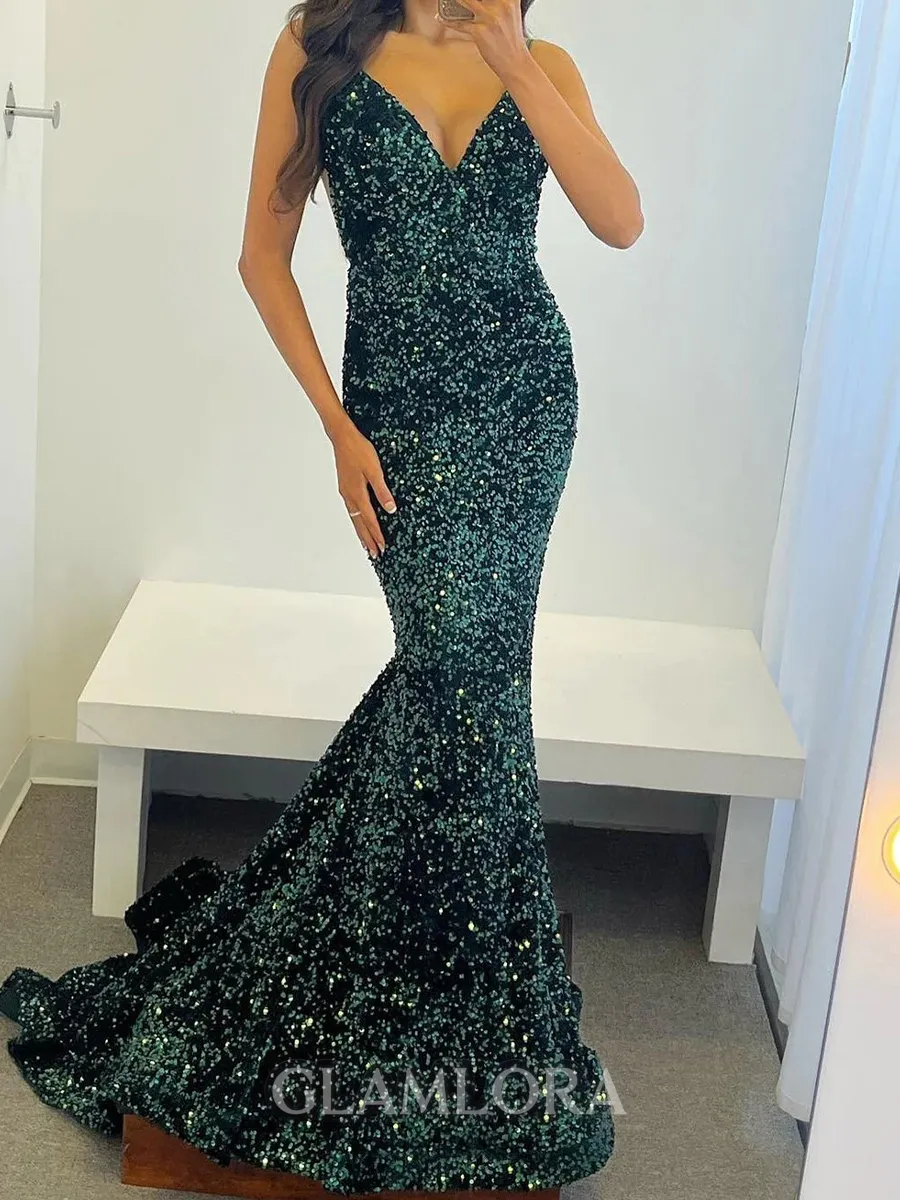 Elegant Sheath V-Neck Sweep Train Velvet Sequins Prom Dress