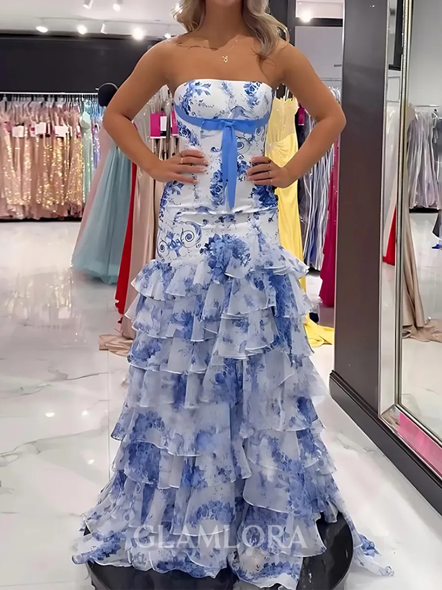 Sexy Sheath Straight Cascading Ruffles Sweep Train Chiffon Corset Prom Dress