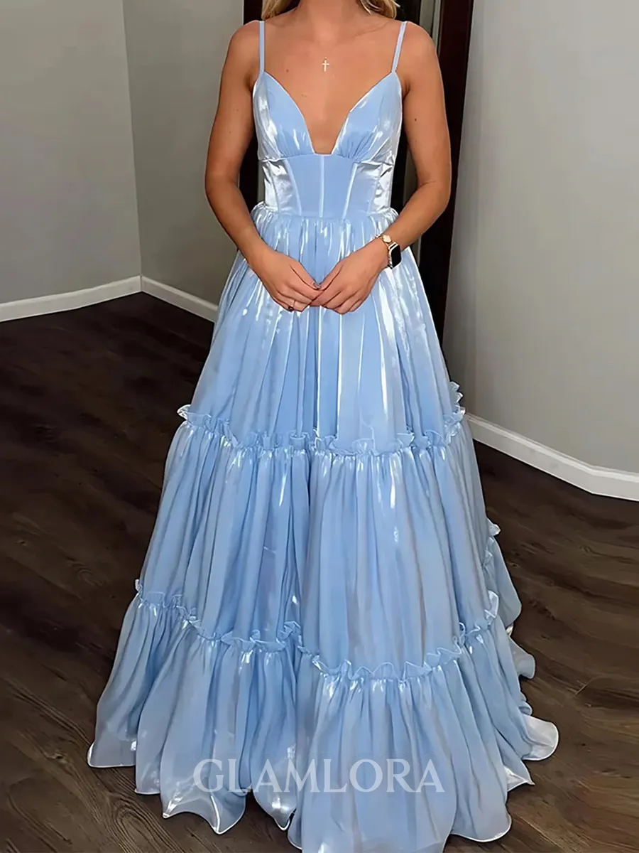 Elegant A-line V-Neck Pleated Sweep Train Corset Prom Dress