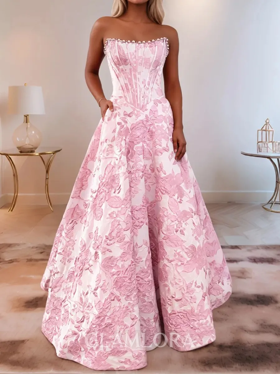 Chic A-line Straight Rhinestone Sweep Train Corset Prom Dress