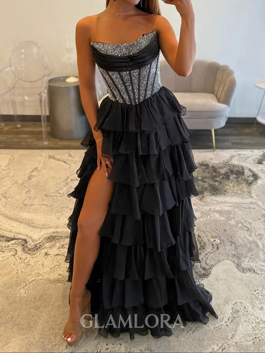 Charming A-line Straight Beading Sweep Train Chiffon Corset Prom Dress
