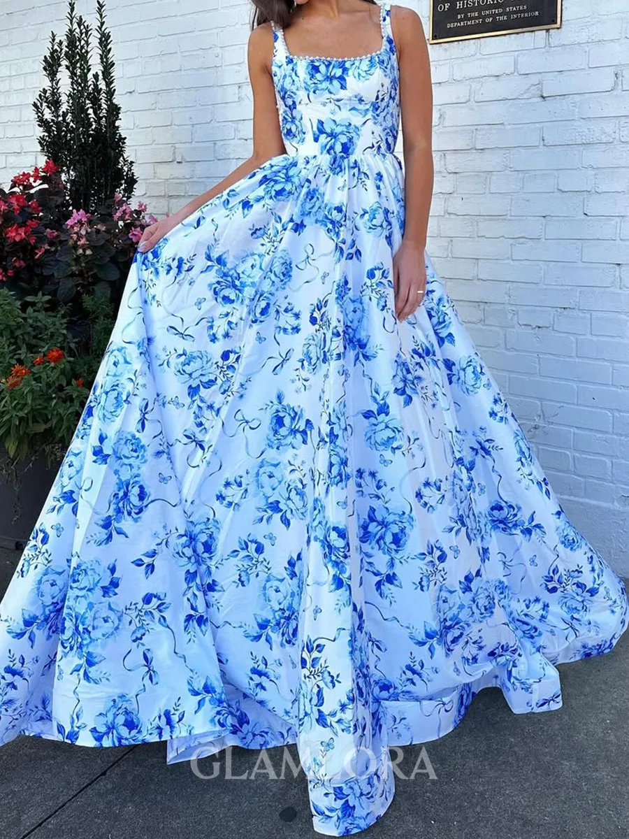 Charming A-line Square Rhinestone Sweep Train Corset Prom Dress