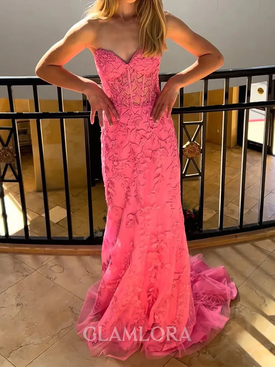 Sleek Sheath Sweetheart Appliques Lace Court Train Tulle Corset Prom Dress